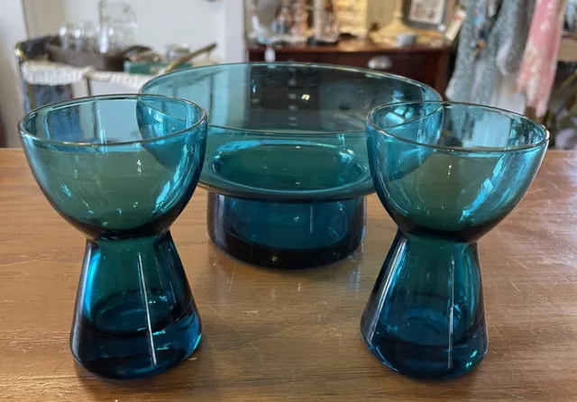 MCM Morgantown Barton Peacock Blue Glass Candle Holders/Flowerlite