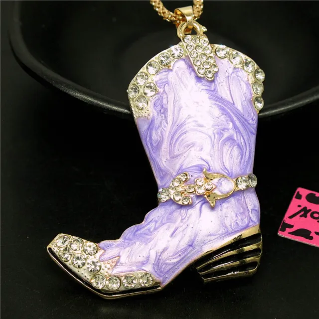 Betsey Johnson Rhinestone Purple Enamel Boots Crystal Pendant Chain Necklace
