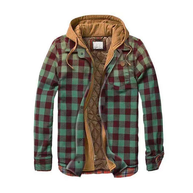 Mens Sweatshirts Jacket Flannel Shirts Coat Plaid Hoodie Outwear Winter Warm Top
