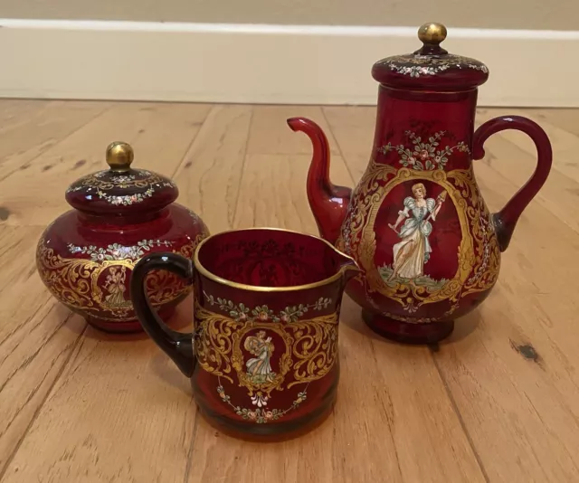 Antique Enameled Venetian/Bohemian Ruby Art Glass Coffee/Teapot Creamer & Sugar