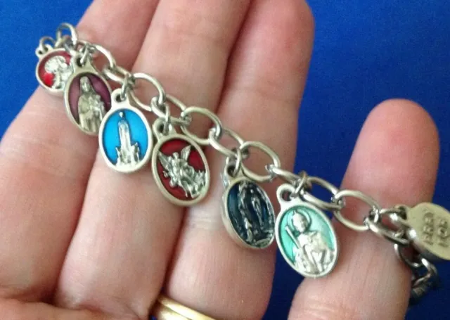 Custom Religious Catholic Saint Medal Charm Bracelet MINI Medals 7" Enamel