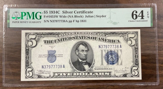 1934C $5 Silver Certificate Fr#1653W Wide (NA Block) PMG 64 EPQ