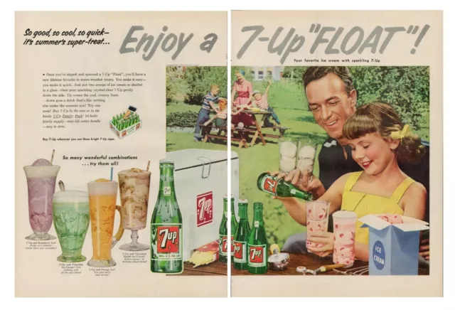 1953 Soda Pop 7 Up Vintage Print Ad 50s 7up Ice Cream Float Drinks Picnic Cooler