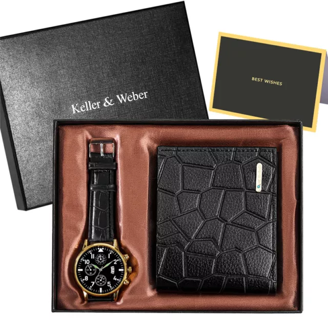 Novel Men's Billfold Leather Wallet with Date Quartz Analog Watch Ideal Gift Set