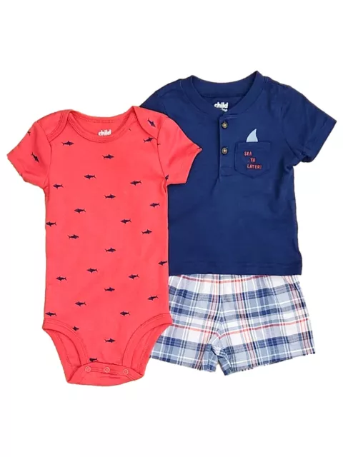 Carters Infant Boys 3Pc Outfit Blue Shark Polo, Shorts & Bodysuit Set Size 6-9m