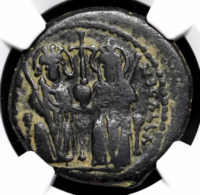 BYZANTINE. Justin II, with Sophia. 565-578. Æ Follis, Large M, NGC Fine