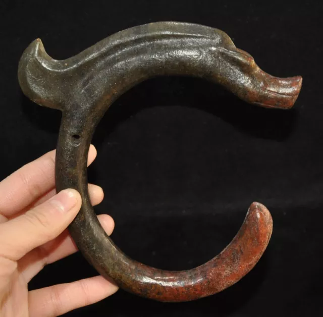 5.4" China Hongshan culture natural old jade carved loong dragon hook statue