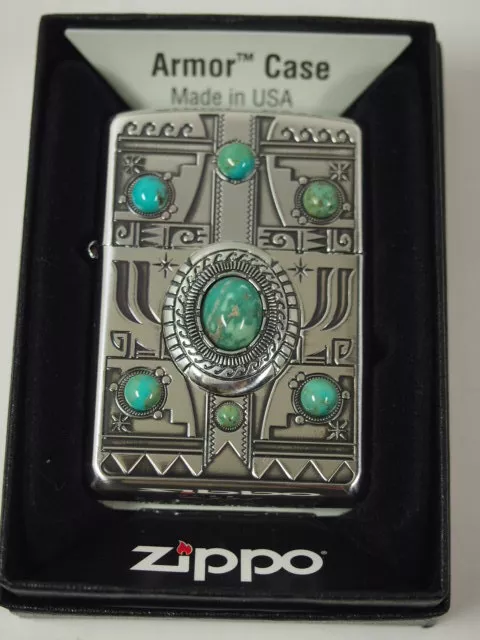 Zippo Oil Lighter Armor Case Indian Spirit Eagle Silver Plating Turquoise Brass!