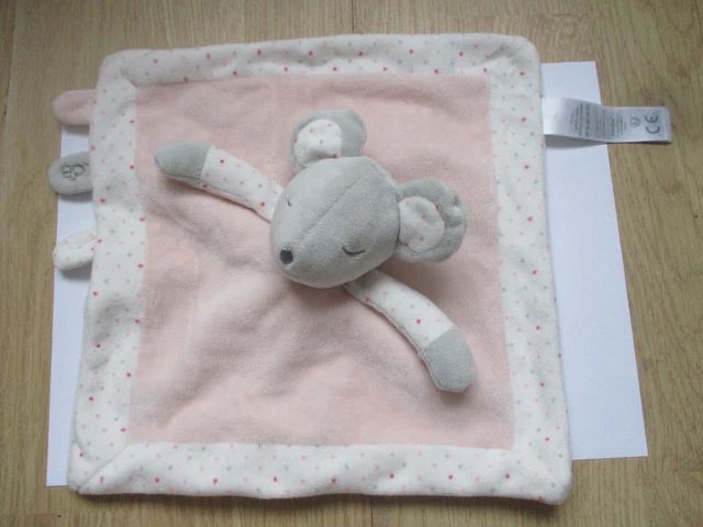 Doudou plat carré souris obaibi rose gris points écru blanc