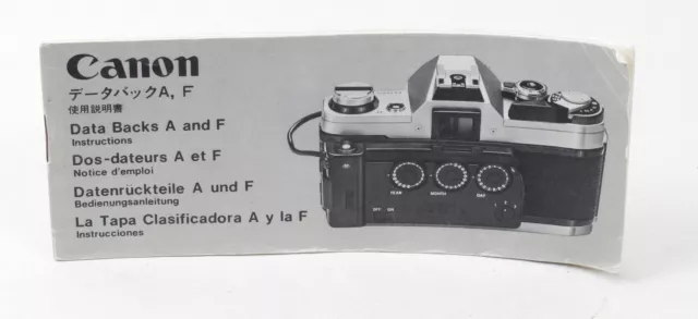 Original Canon Data Back A & F Instruction Users Manual for A-1 A1 AE-1 Program