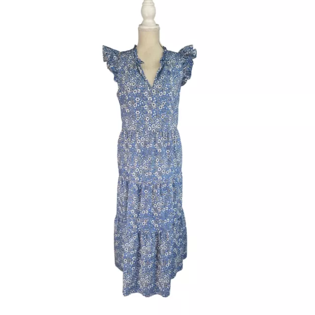 JCrew Dress Womens Large Blue floral PoplinTiered Midi Ruffle Cap Sleeve Casual