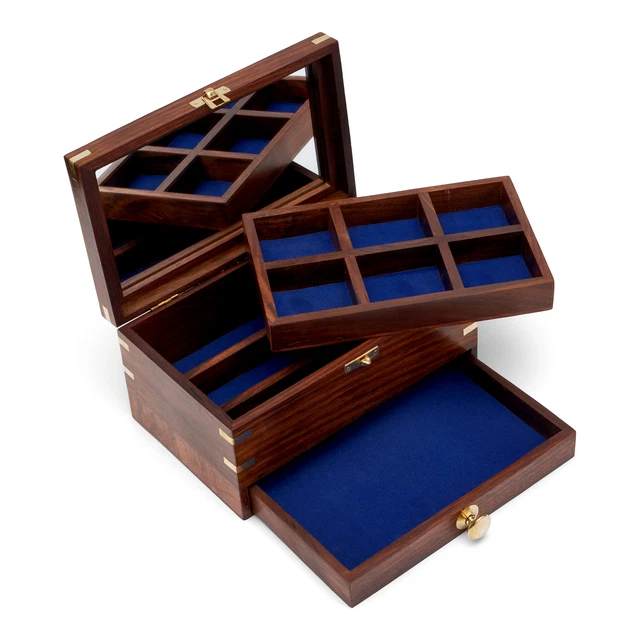 Scatola gioielli marittimi 22x14x12cm in legno e ottone con specchio in coperchio