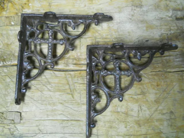Pair 6" Cast Iron Victorian Gothic Cross Shelf Brackets antique-brown decorative