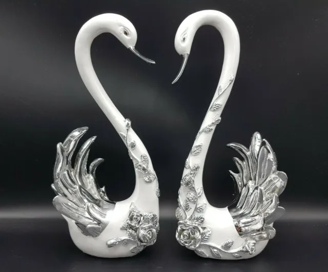 Italian Large Pair WHITE SILVER SWAN Romany Diamante Swans Shelf sitter Figurine