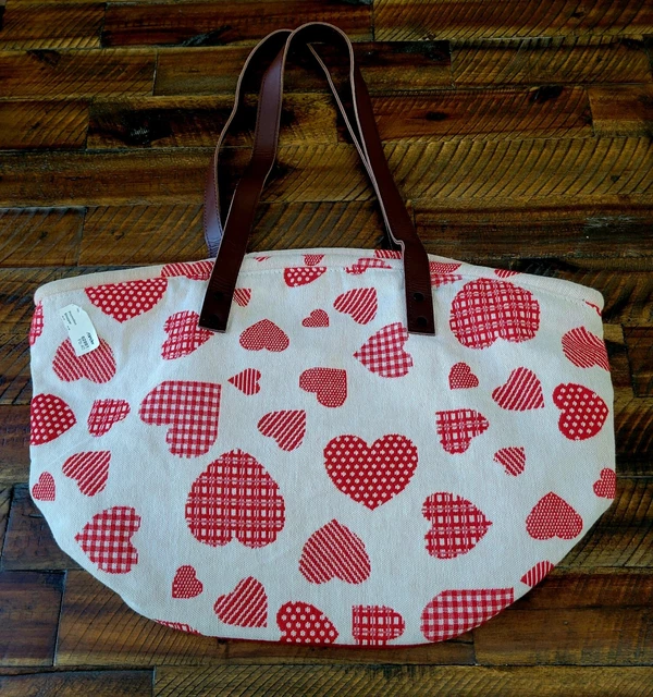 NWT Sander HEARTS Tote Bag Travel Laptop Shopper Purse Shoulder Bag Cream + Red