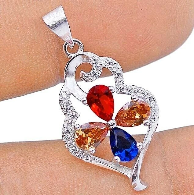 Blue Sapphire & Multi-Gemstone 925 Sterling Silver Pendant, V1