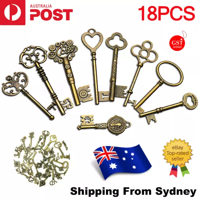 18PCS BIG Large Antique Vtg old Brass Skeleton Keys Lot Cabinet Barrel Lock New