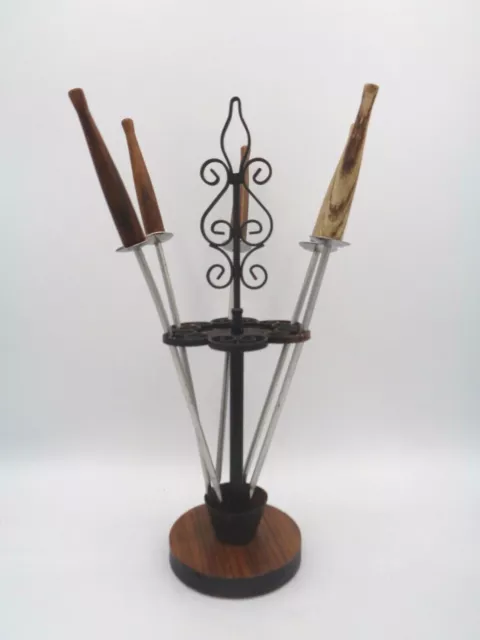Vintage Mid-Century Cocktail Fondue Forks Stainless Wood Handle + Stand Japan