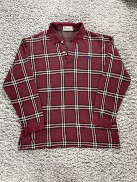 Vintage Burberry Shirt Mens Large Red Nova Check Polo Long Sleeve Designer Logo