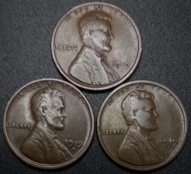 1919-P 1919-D 1919-S Lincoln Wheat Cent Penny Set (Lot of 3) *Stock Photo G/VG+