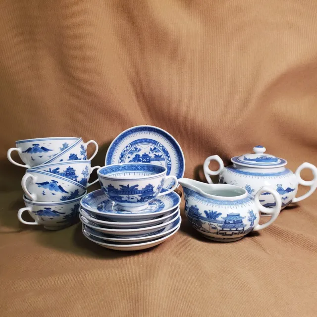 Chinese Tea Set - Blue/White - Cream/Sugar, 6 Cups/Saucers - Pagoda/Mtn EUC