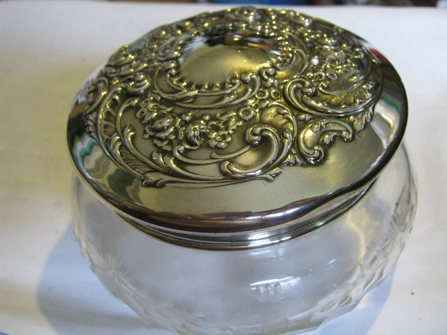 Gorham Sterling "23" Strasbourg Scrolls Crowned "A" Cut Glass Powder Jar, 4 3/4"