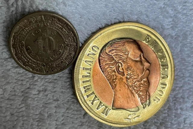 1866-MEXICO 1 PESO Maximiliano BRASS.COPPER MODERN 10 CENT 1946 LOT 2PC NIQUEL 1866-MEXICO 1 PESO Maximiliano BRASS.COPPER MODERN 10 CENT 1946 LOT 2PC NIQUEL
