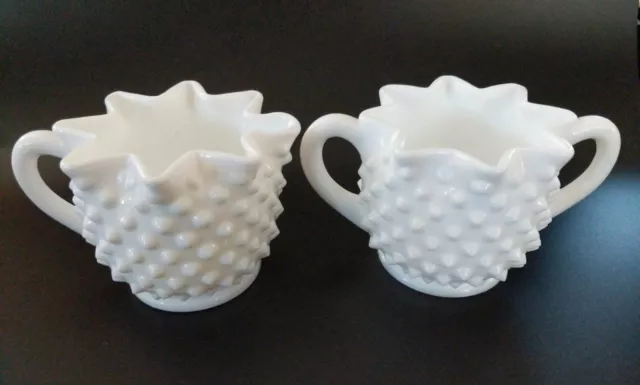 Vintage Fenton Crimped Hobnail White Milk Glass Cream Pitcher & Open Sugar Bowl