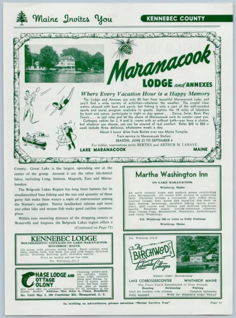 1956 Lake Maranacook Lodge Vintage Travel Ad Maine + Birchwood Lakeside Cottages