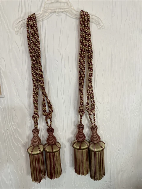 Set of 4 Elegant Designer XL Tassel Drapery Curtain Tie Backs Gold Burgundy