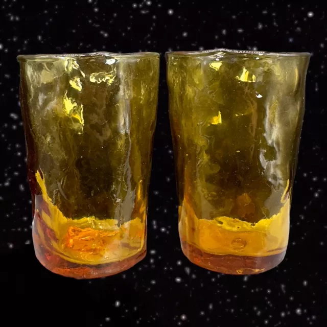 AMBER MILANO CRINKLE JUICE GLASSES textured drinking glass set 2 tree bark 3.5”T