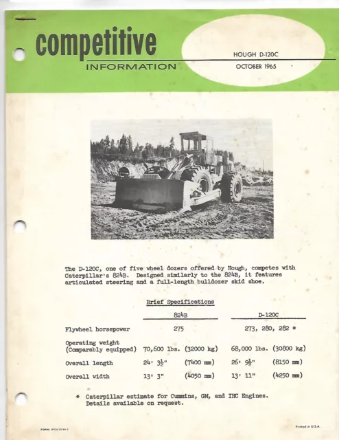 Equipment Brochure - Caterpillar 824B Vs Hough D-120C Wheel Dozer - 1965 (E8037)