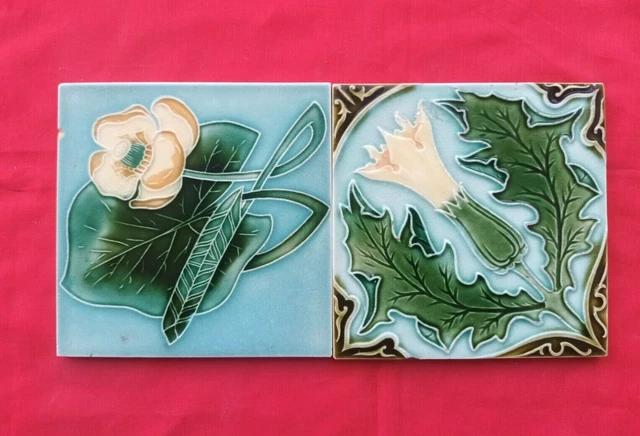 2 Piece Old Art Flower Design Embossed Majolica Ceramic Tiles Belgium 0199