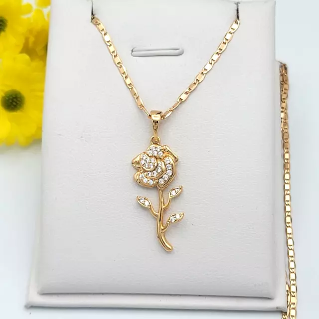 Collar Flor de Rosa para Mujer Encanto Chapado en Oro 18k Cz Cadena 18" Colgante