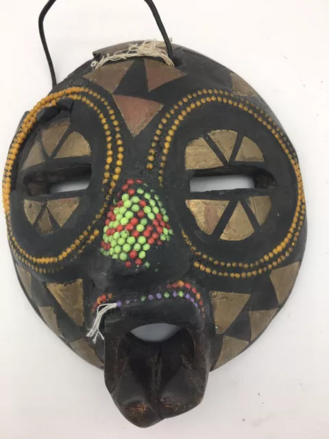 Ghana Carved Wood Mask Ceremonial Beaded w Brass Inlays African Tribal Art 6.5"