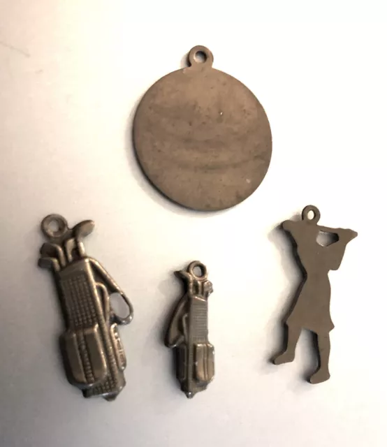 4 Vintage Golf Golfer Golfing Charms: Gold Tone or Brass; All Different 2