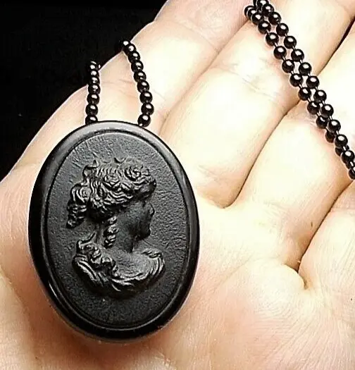 BLACK CAMEO Antique Victorian Vulcanite Mourning Cameo Unique Brooch Late 1800s