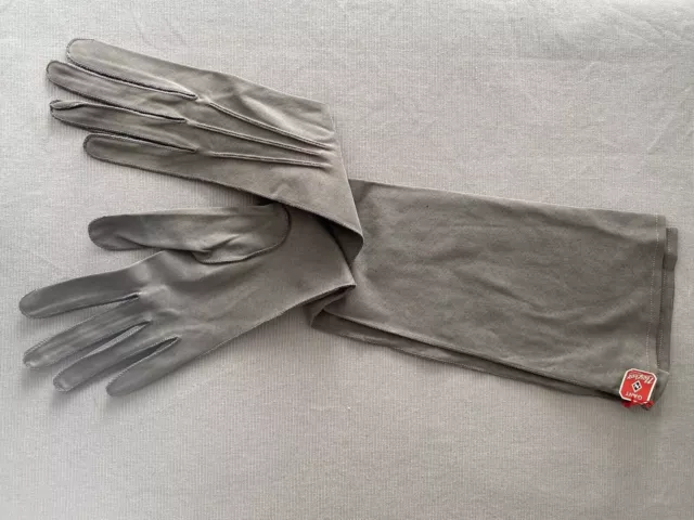 Vintage 1950s Neyret French Grey Fabric Long Evening Gloves 7.5 With Label