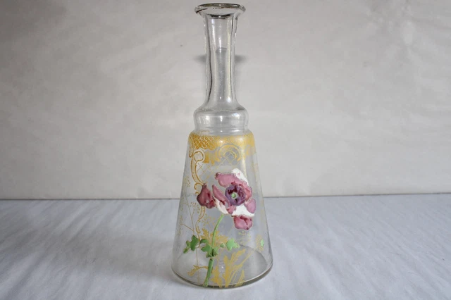 Ancienne carafe en verre émaillé Art Nouveau Legras, fleur pavot, h. 22.5 cm