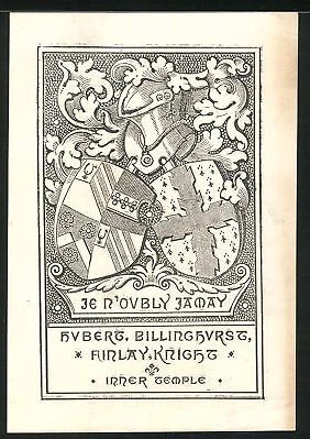 Exlibris Hubert Billinghurst, escudo de armas con casco de caballero y adornos