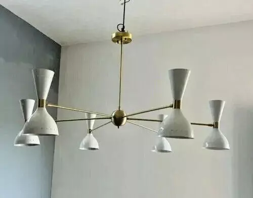 Modern Mid Century Stilnovo Style 6 Arm 12 Light Brass Sputnik Chandelier Light