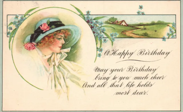 Vintage Postcard 1926 A Happy Birthday Pretty Face Side View Forget Me Nots