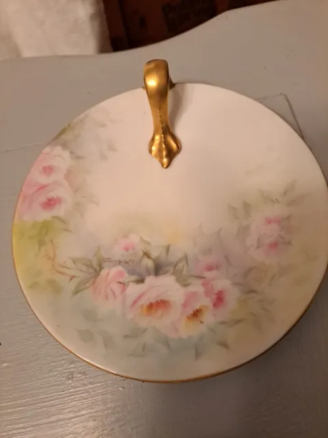 Vtg Limoges Nappy Tray Porcelain Hand PaineFrance, Roses Gilded Gold,france,