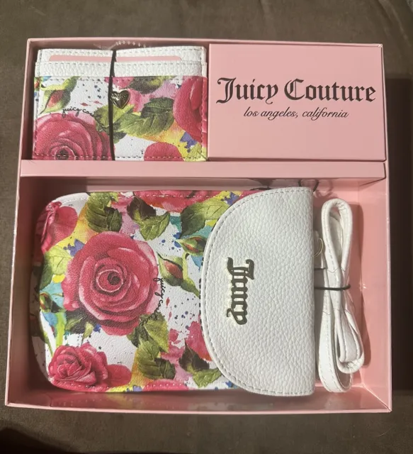 New BOX GIFT SET Juicy Couture WHITE PINK Purse ROSE Crossbody Bag + Card WALLET