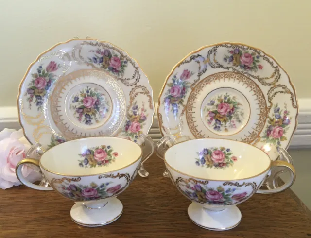 2 Footed Demitasse Cups & Saucers Queen's Bouquet Rosenthal Germany Roses & Gold