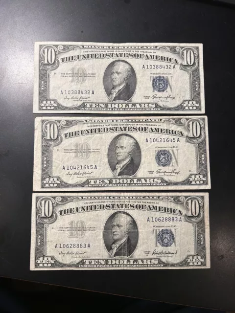 3 Pc Lot - 1953, 1953 & 1953A $10 Silver Certificates - NO RESERVE !
