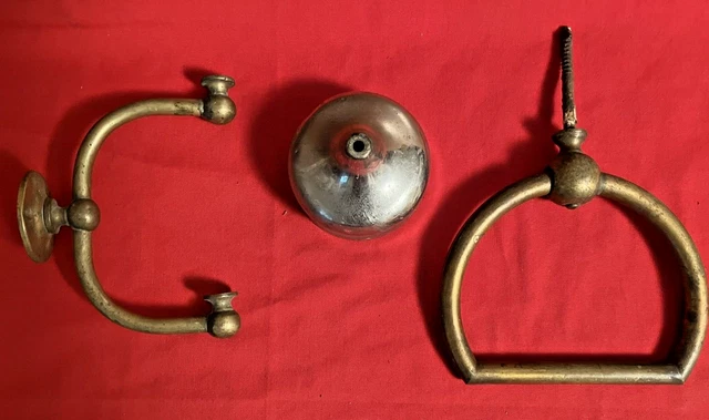 3 Antique Brass Bathroom Hardware Fixtures: Wall mount Holder, Cup Tin & Towel H