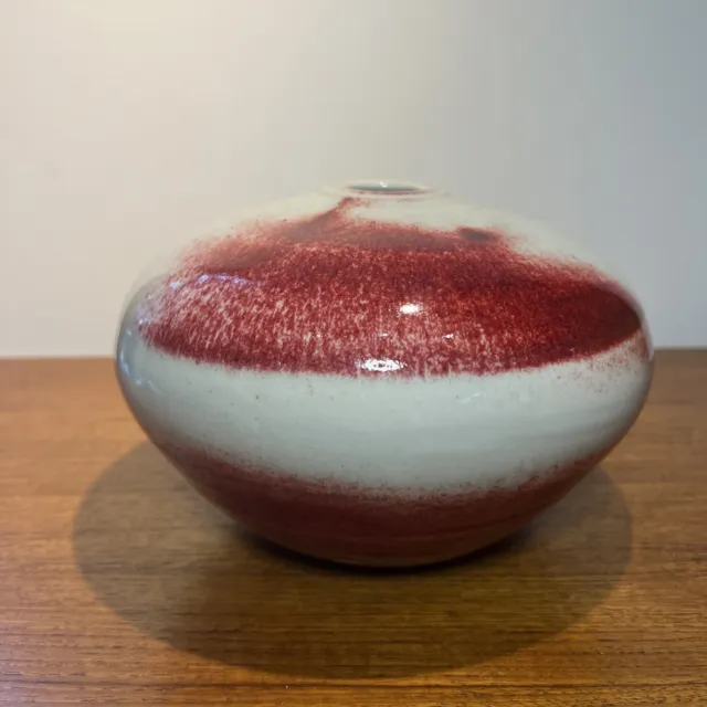 Vintage Studio Art Pottery Vase Signed 5” Red/grey Glossy Crackle Glaze MCM 3