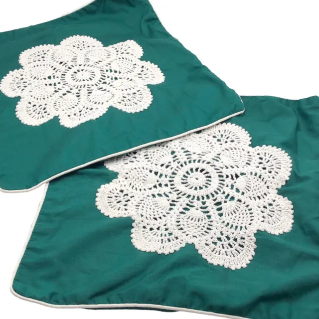 2 Crochet Snowflake Doily Green Square Throw Pillow Covers Shams Christmas Set