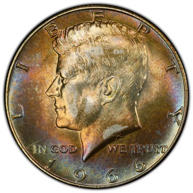 MS65 1966 50C Kennedy Silver Half Dollar, PCGS Trueview- Vivid Rainbow Toned